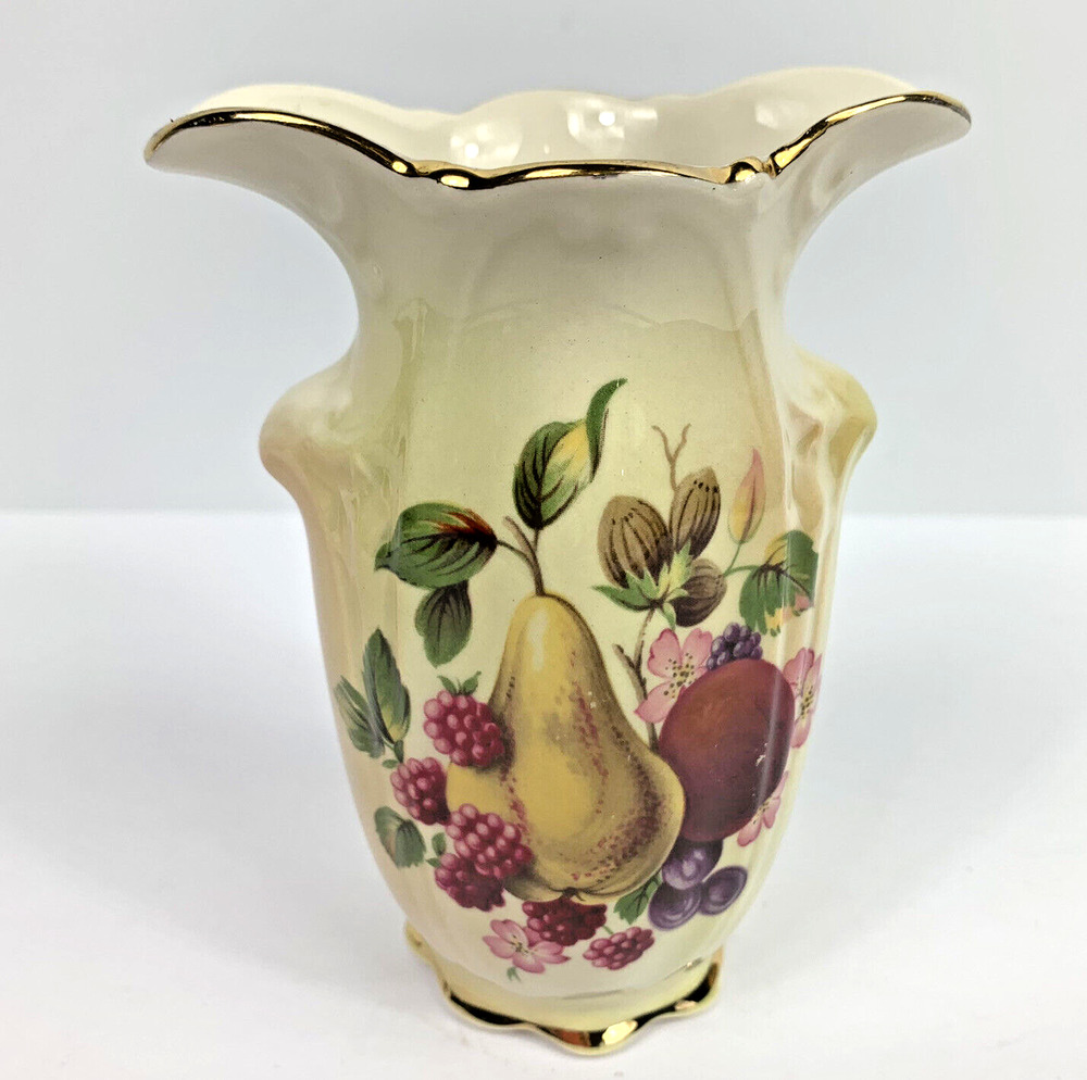 Vintage Palissy Royal Worcester 5" Bud Vase , England, Fruit Motif, Gold Trim